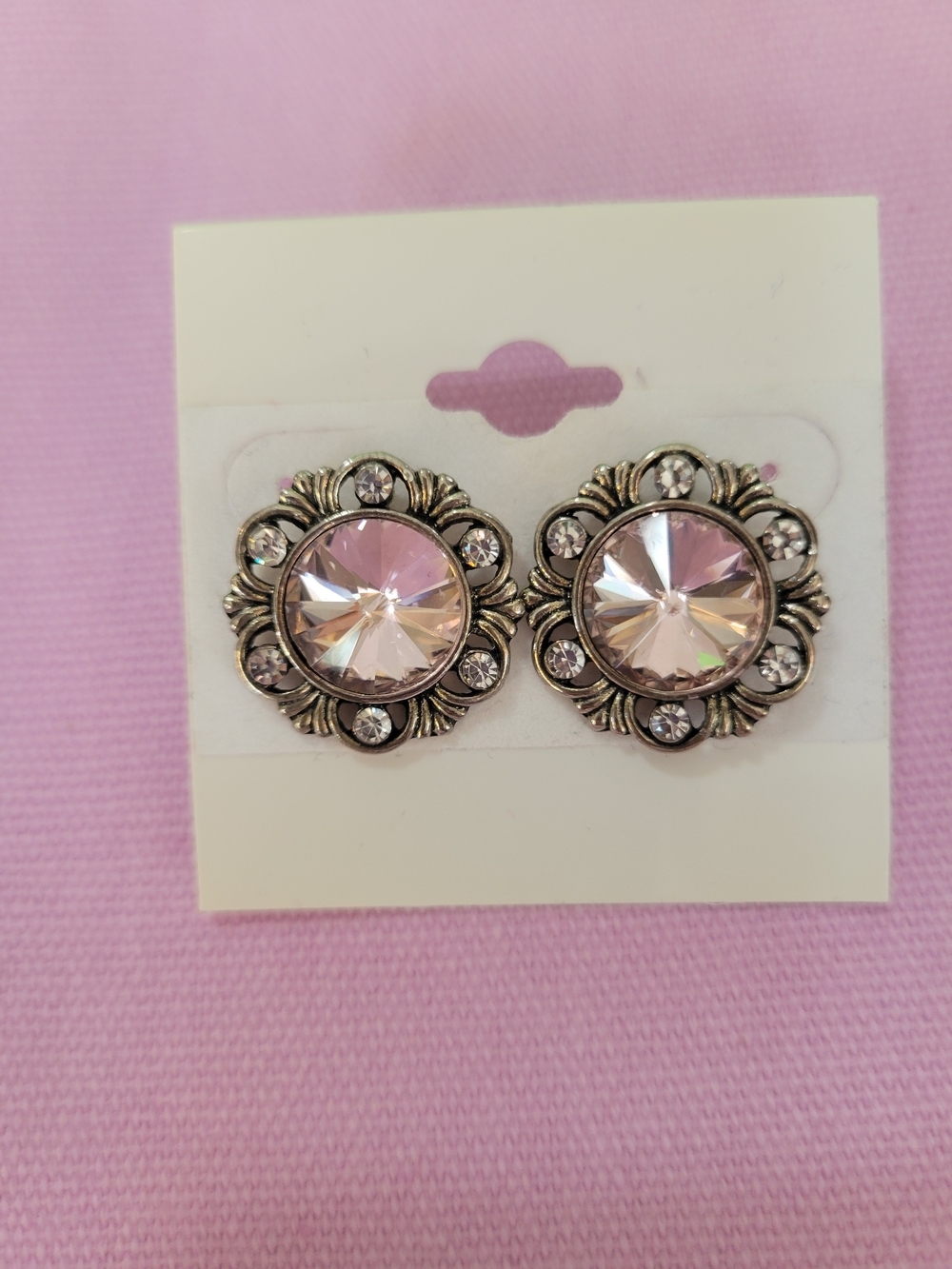 Vintage Inspired Pink Crystal Floral Halo Stud Earrings